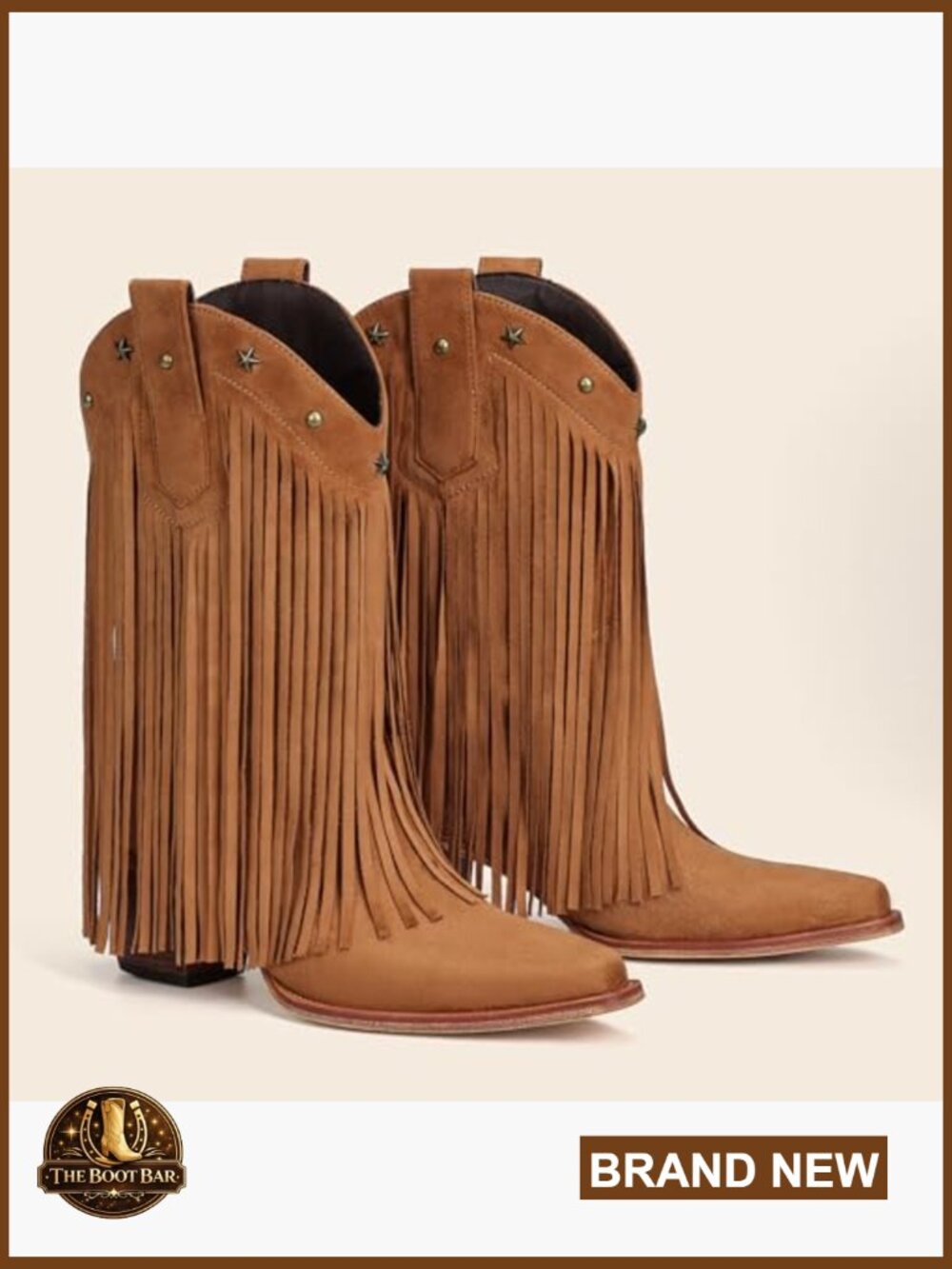 Mid Calf Cowboy Boots with Fringe, Star Studded, Pointed Toe, Chunky Heel - Picture 6 of 7